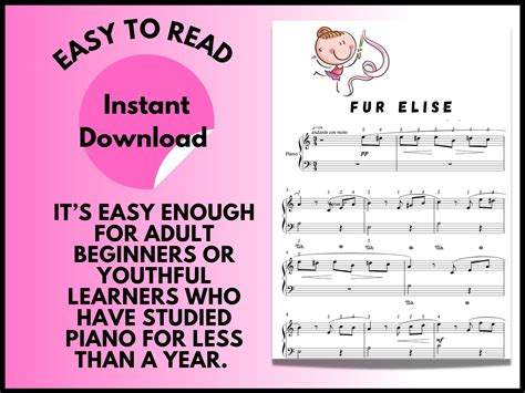 Fur Elise By Beethoven Piano Sheet Music Instant Digital Music Download Beginner Pianoadult