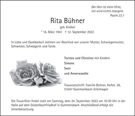 Traueranzeigen von Rita Bühner WirTrauern