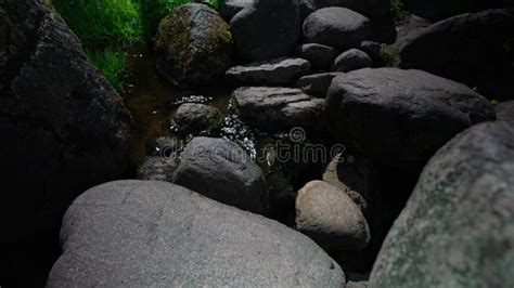 Water Flows In A Thin Stream From Tap In Kitchen From Tap Is Flows