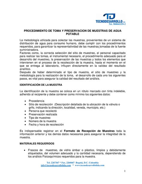 Protocolo Muestreo Agua Potable Nit 900041159 PROCEDIMIENTO DE TOMA