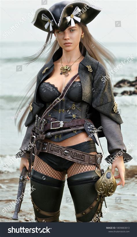 Portrait Sexy Pirate Female Coming Ashore Stock Illustration 1809883813