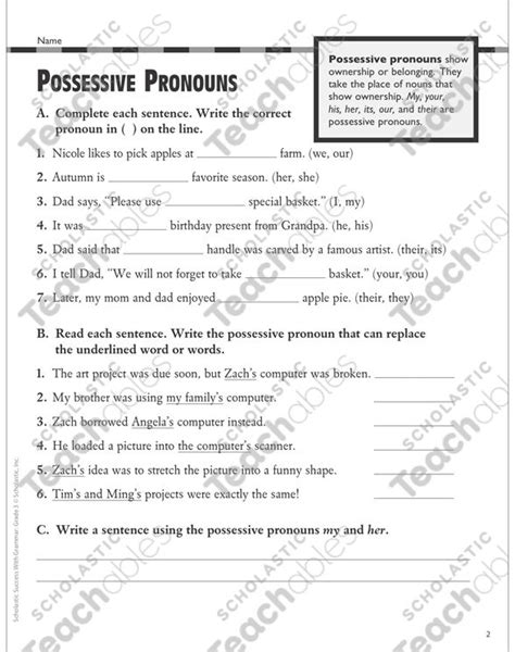 Possessive Pronouns Grammar Practice Grade 3 Printable Skills Sheets Possessive Pronoun