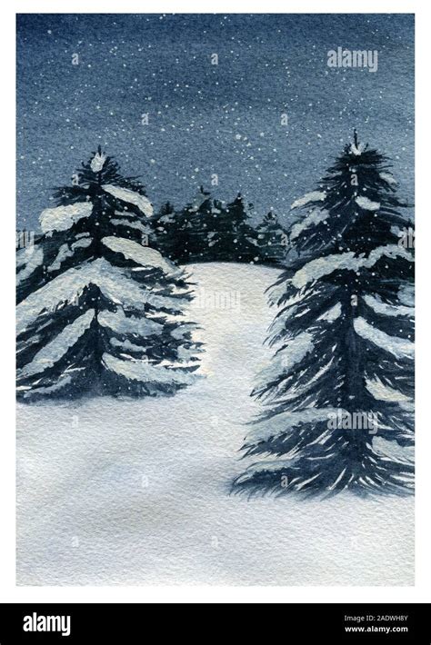 winter landscape with evergreen trees and snow, watercolor winter ...