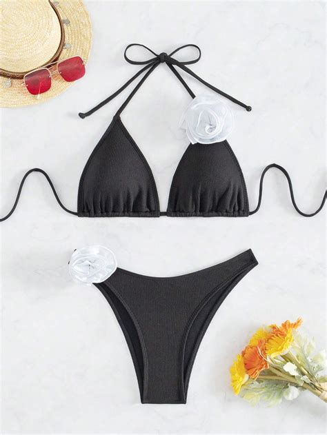 Colorblock 3d Flower Decoration Ribbed Knit Bikini Set SHEIN USA