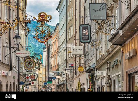 Salzburg Austria May 19 2019 City Skyline And Wrought Iron Signs