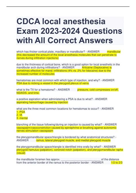 Cdca Local Anesthesia Exam Questions With All Correct Answers Cdca