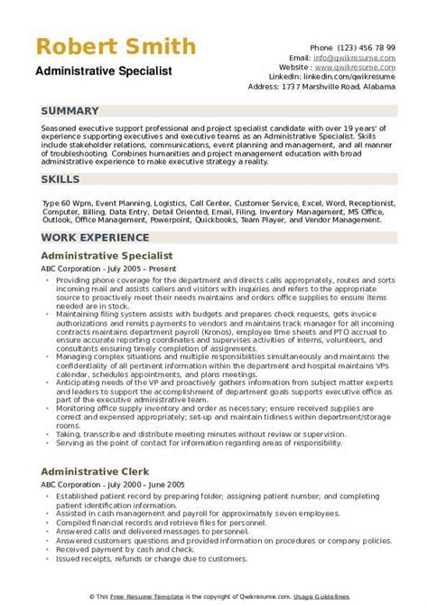 Administrative Specialist Resume Samples Qwikresume