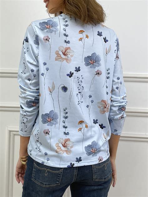 Country Floral Printed Casual Loose Crew Neck Knit Long Sleeve T Shirt