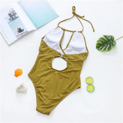 Solid Color One Piece Cross Cut Out Hollow Bikini Sexy Halter Womens