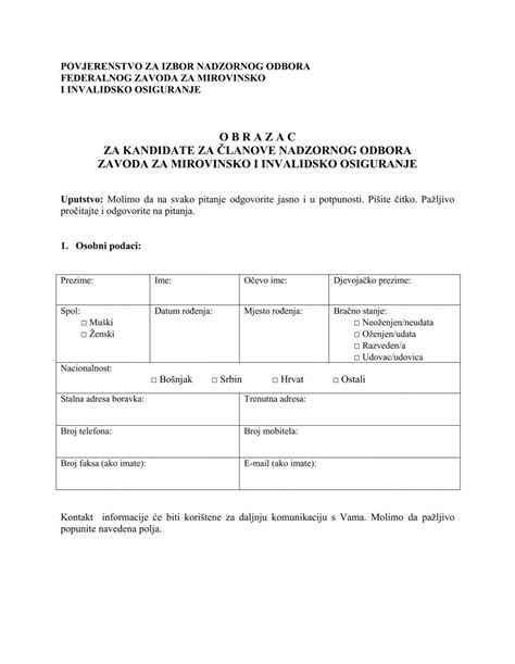 Prijavni Obrazac Za Kandidate Za Nadzorni Odbor Pio Pdf