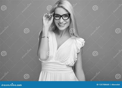Gorgeous Sensual Blonde Woman In Fashion White Dress Stock Photo