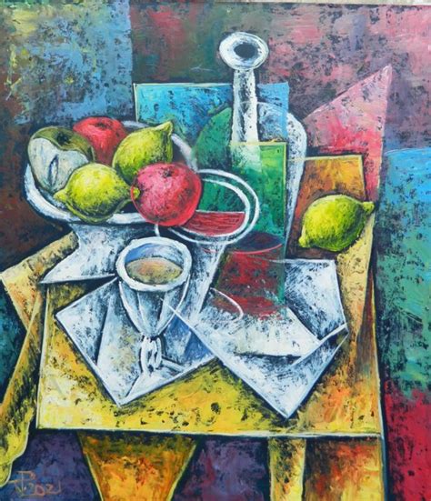 Cubism Still Life With Lemon, Painting by Jiří Petr | Artmajeur