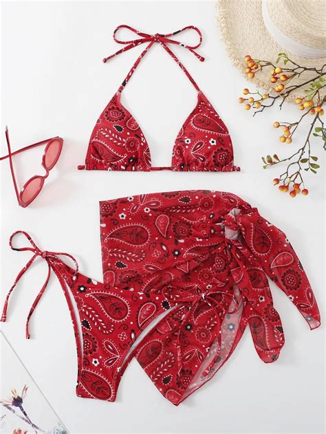 SHEIN Swim Summer Beach Paisley Print Bikini Set Halter Triangle Bra