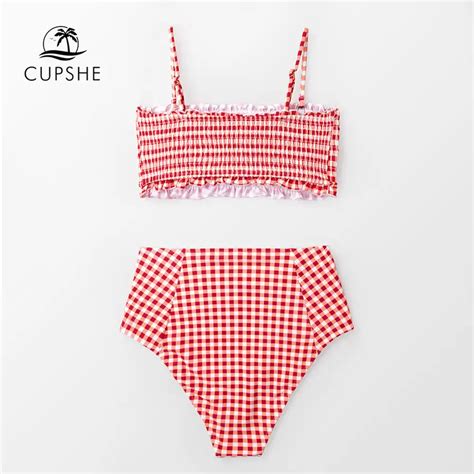 Cupshe Sexy Red Gingham Smocked Bandeau Bikini Sets Women Cute High