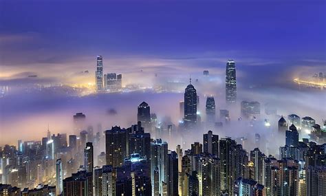 Kota Hong Kong Bangunan Cina Kota Cityscape Kabut Cahaya Malam