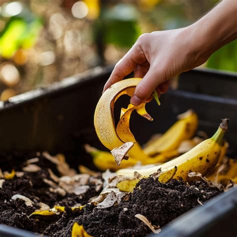 Hand placing a banana peel into a compost bin | Premium AI-generated image