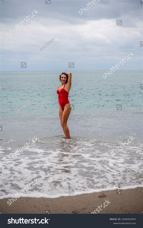 Beautiful Sexy Brunette Red Swimsuit On Stock Photo 2185454247 Shutterstock