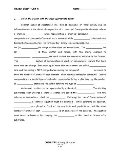 Review Sheet Unit Name Chemistry A