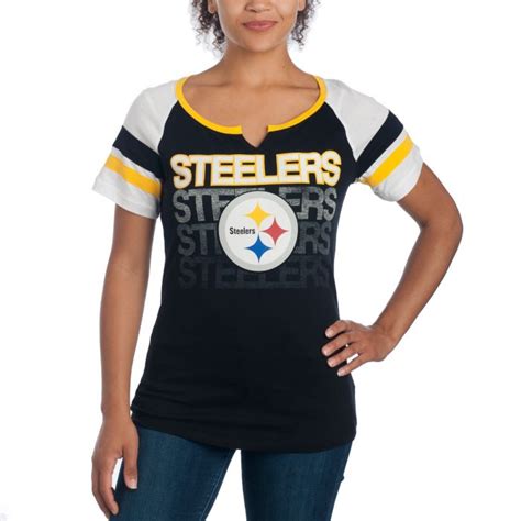 Pittsburgh Steelers Women S Knotch Neck Sleeve Stripe T Shirt