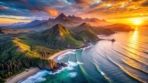 golden hour coastal majesty serene sunset  lush green mountains