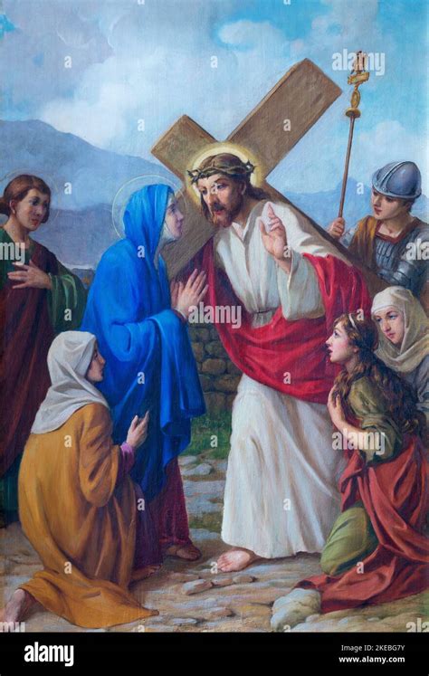 VARALLO, ITALY - JULY 17, 2022: The painting Jesus meets the women of ...