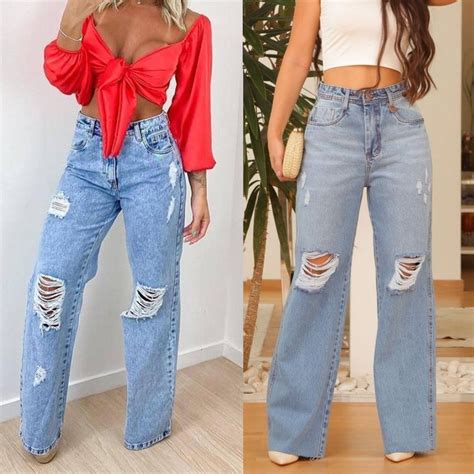 Cal A Jeans Wide Leg Feminina Pantalona Destroyed Cintura Alta Azul