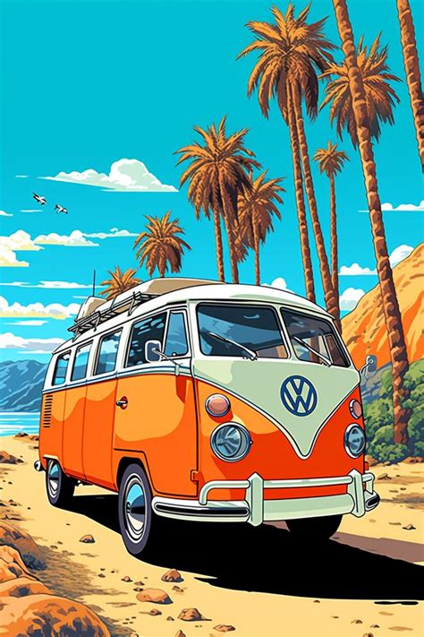 An Orange And White Vw Bus Driving Down A Beach