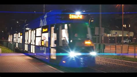 Poland Kraków tram 24 night ride from Bronowice SKA to Uniwersytet