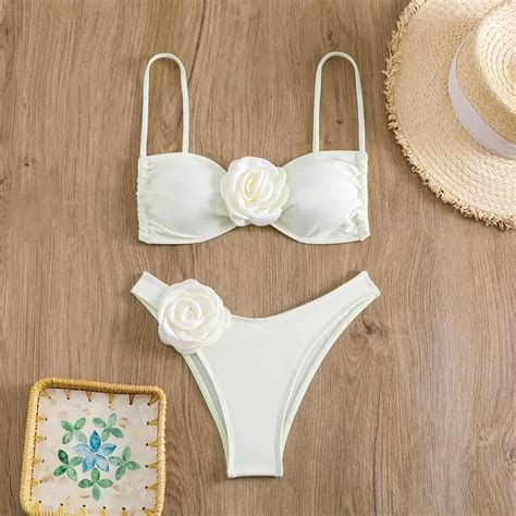 Flower Bikini Set Sexy Bandeau Swimwear With Thong Bottom Lace Up Closure For Women S Micro