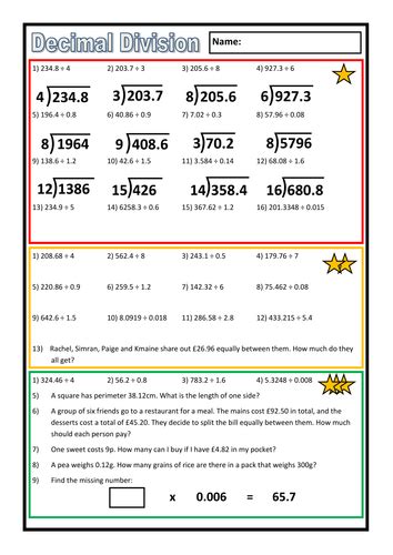 Decimal Division Worksheet With Answers