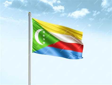 Bandeira Nacional De Comores Acenando No Céu Azul Com Nuvens Ilustração 3d De Bandeira De