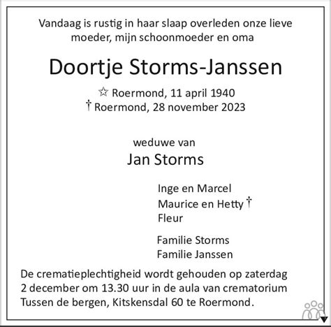 Doortje Storms Janssen Overlijdensbericht En Condoleances