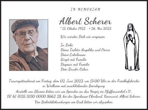 Traueranzeigen Von Albert Scherer Trauer Merkur De