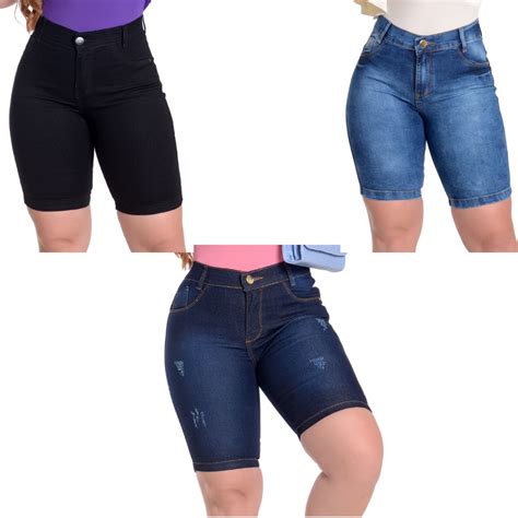 Kit 3 Bermudas Femininas Jeans Cintura Alta Até o Joelho Lycra