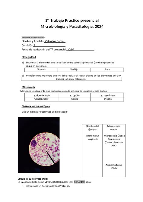 Modelo Informe Trabajo Práctico Microbiología y Parasitología 1 er