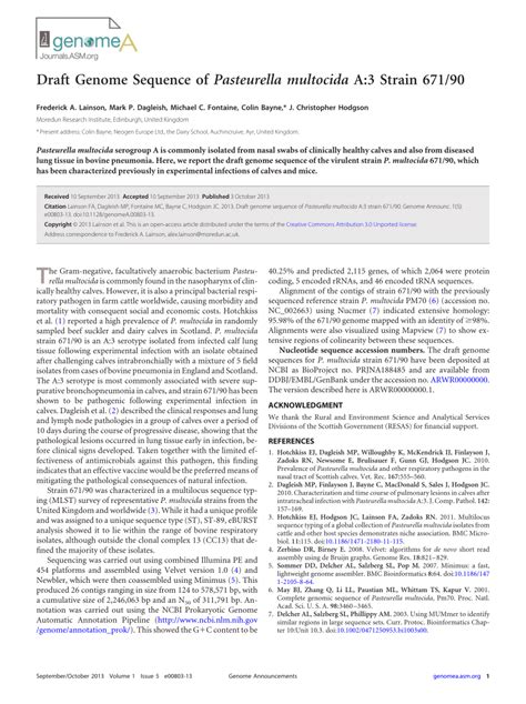 Pdf Draft Genome Sequence Of Pasteurella Multocida A 3 Strain 67190