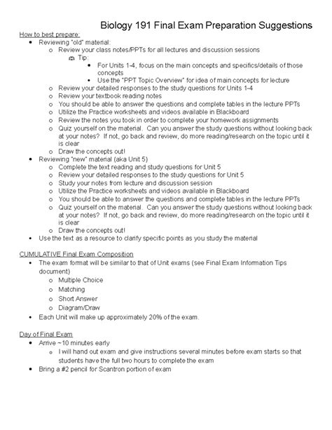 Final Exam Study Tips BIOL191 In Person 77 Biology 191 Final Exam