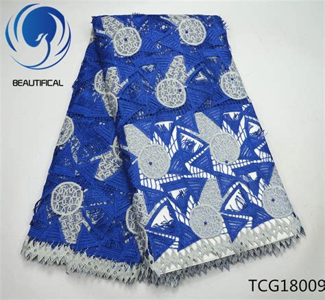 Beautifical African Guipure Lace Beaded Fabric 2017 Latest Style Blue