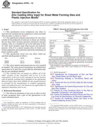 ASTM B793 12 Standard Specification For Zinc Casting Alloy Ingot For