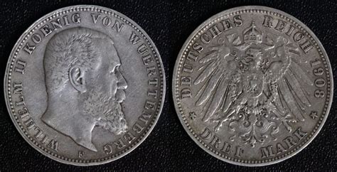 Württemberg 3 Mark 1908 F Wilhelm II VF MA Shops