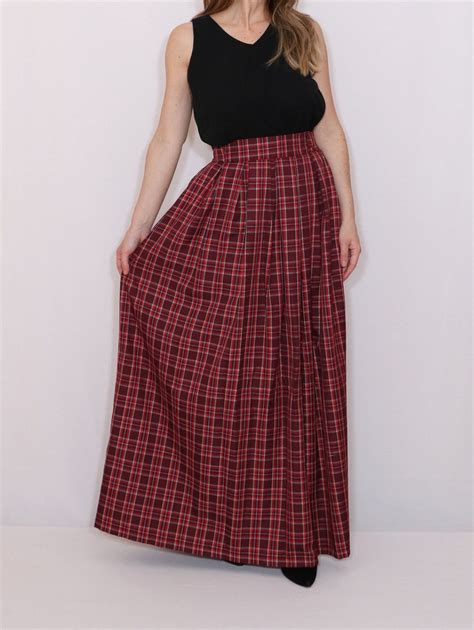 Burgundy Plaid Maxi Skirt With Pockets Long Tartan Skirt Etsy Red