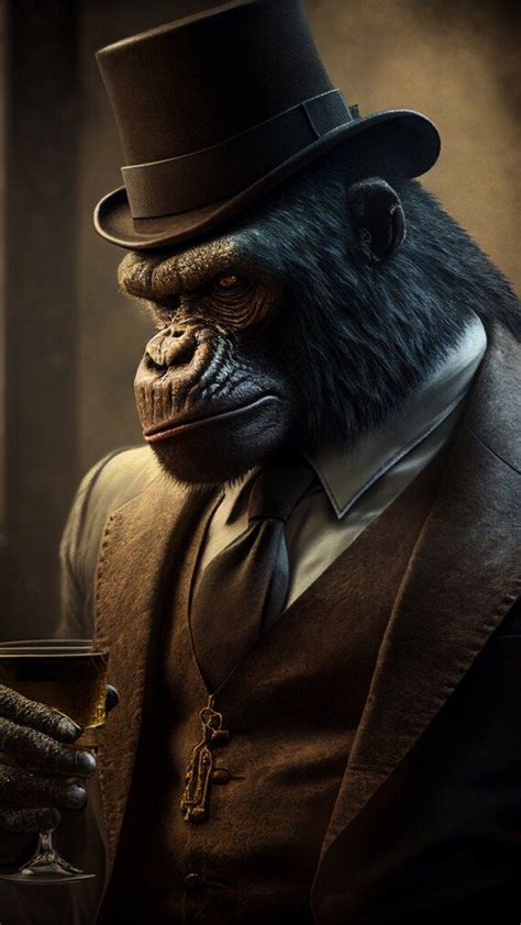 A Gorilla Wearing A Top Hat And Holding A Drink In It S Right Hand