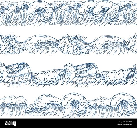 Horizontal seamless patterns with different ocean waves. Hand drawn ...