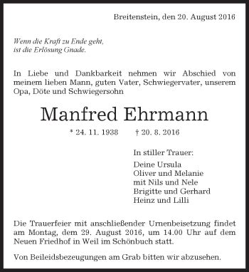 Traueranzeigen von Manfred Ehrmann Kreiszeitung Böblinger Bote