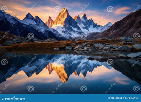 Towering Peaks Reflected in a Glassy Alpine Lake Stock Illustration ...