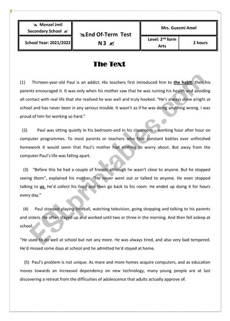 End Of Term Test Second Form ESL Worksheet By Amel Amami Worksheets