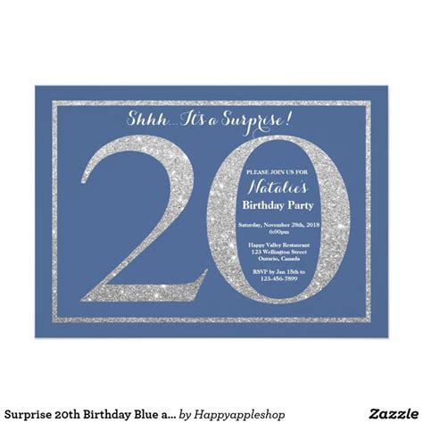 Surprise 20th Birthday Blue And Silver Glitter Invitation Zazzle