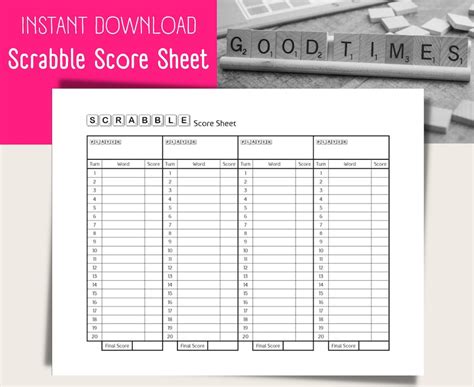 Scrabble Score Card Sheet Instant Download Pdf Us Lettera4 Size Etsy