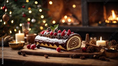 Bûche de Noël tipico dolce natalizio francese in una atmosfera