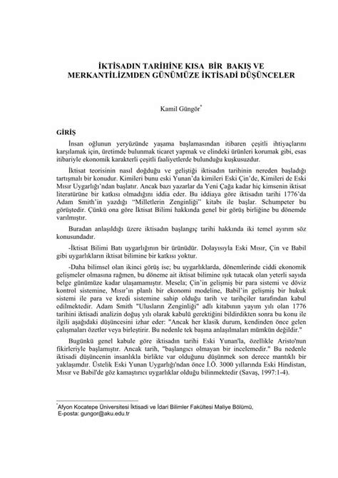 Pdf Iktisadn Tarihine Ksa Bir Bak Ve Merkantilizmden G N M Ze